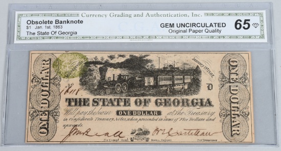 CONFEDERATE GEORGIA $1.00 BANK NOTE, CGA, GEM 65