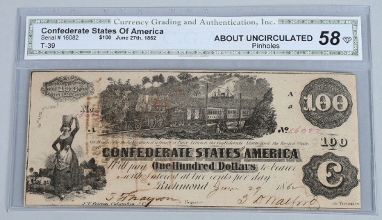 CONFEDERATE $100.00 BANK NOTE, CGA, AU58