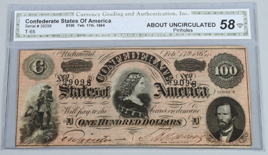 CONFEDERATE $100.00 BANK NOTE, CGA, AU58