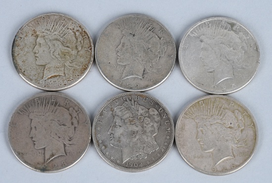6- MORGAN AND PEACE SILVER DOLLARS