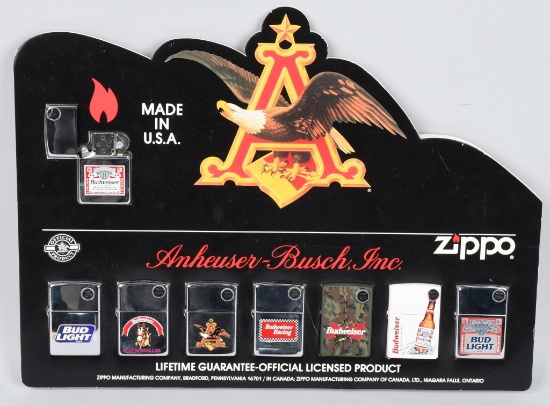 8- ZIPPO ANHEUSER-BUSCH LIGHTERS DISPLAY