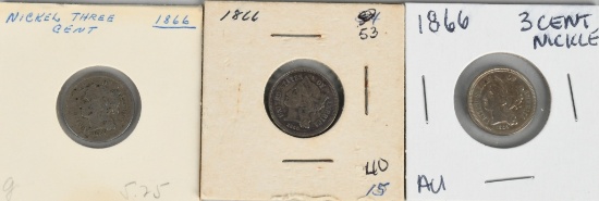 3- 1866 3 CENT NICKELS