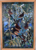 LARGE STAINED GLASS WINDOW, TROPICAL & PARROTS