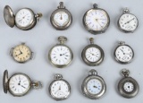 12- ANTIQUE SMALL POCKET WATCHES, MOST SILVER