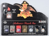 8- ZIPPO ANHEUSER-BUSCH LIGHTERS DISPLAY