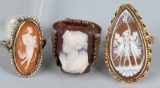 3- 14k GOLD ANTIQUE CARVED SHELL CAMEO RINGS