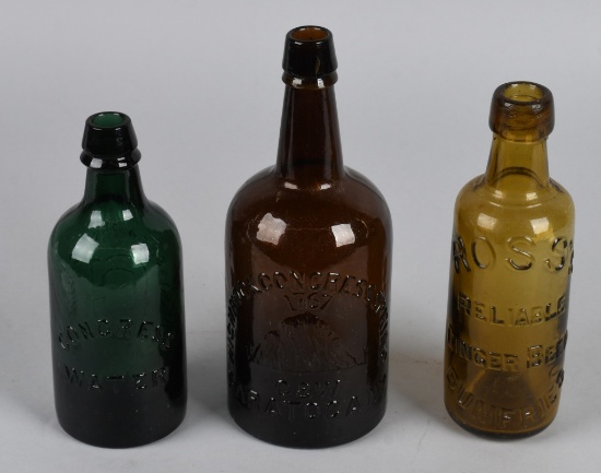 3- Very Early Colored Glass Bottles w/ Advertising