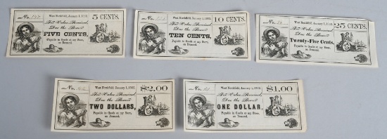5 pc. 1862 STORE SCRIP PAYMENT WEST NORTHFIELD MA