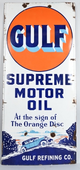 Gulf Supreme Motor Oil w/Blue Sedan Porcelain Sig