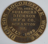 Builder Plate Dickson Locomotive #1054 Round Brass