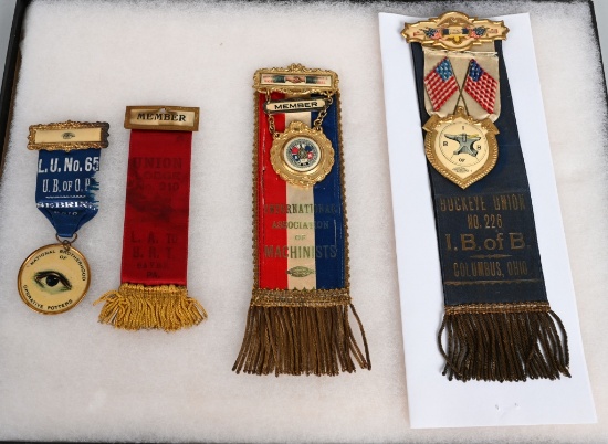 4- EARLY UNION RIBBONS w/ CELLULOID & BULLION