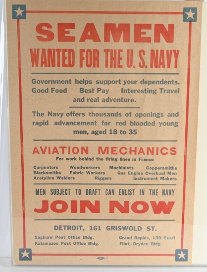 WW1 US NAVY RECRUITMENT POSTER AVIATION MECHANICS