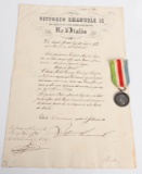 1873 ITALIAN MEDAL WAR OF LIBERATION w/ DOCUMENT