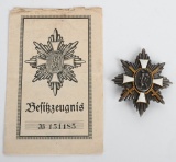 WW1 GERMAN HAMBURG VETERAN’S CROSS W/ DOCUMENT