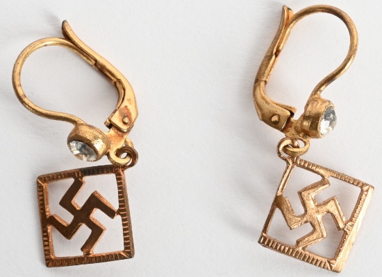 WWII NAZI GERMAN SWASTIKA & DIAMOND EARRINGS WW2
