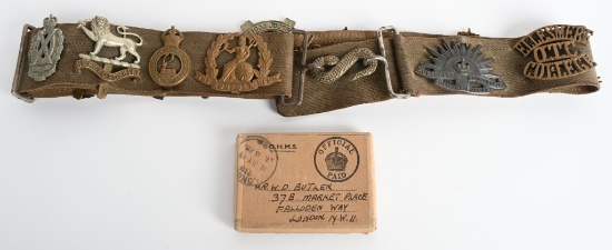 WWII BRITISH HATE BELT W/ 14 HAT BADGES WW2