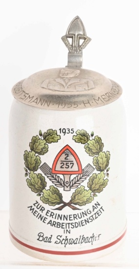 WWII NAZI GERMAN RAD LIDDED BEER STEIN 1935 DATED