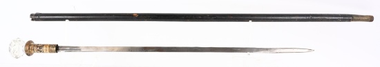 WOOD SWORD CANE WITH GLASS POMMEL
