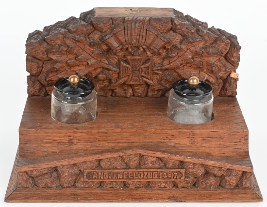 WWI IMPERIAL GERMAN OAK CARVED INKWELL W/ EKII WW1