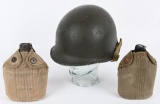 WWII FRONT SEAM M1 HELMET + CANTEENS