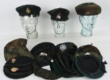 12 US + EUROPEAN GREEN + CAMOUFLAGE BERETS