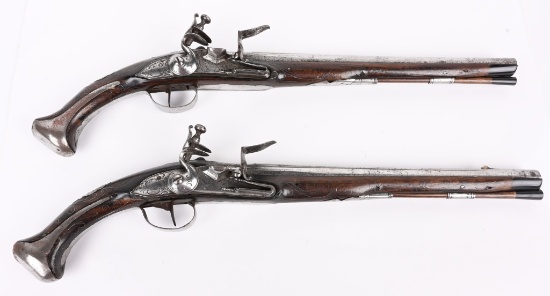 EXQUISITE GERMAN PAIR SILVER MOUNTED FLINTLOCKS