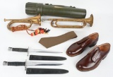 MILITARY LOT INCLUDING BAYONETS BUGLE WWII SHOES