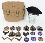 WWII MILITARY INSIGNIA MUSETTE BAG BERET WW2