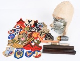 LOT OF MISC. MILITARY ITEMS PATCHES GUN PARTS