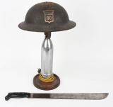 WW1 US ARMY TRENCH ART SHELL W HELMET LAMP LOT