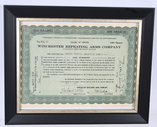 1929 100 SHARES WINCHESTER STOCK CERT.