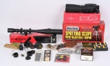 LOT OF VARIOUS RIFLE SCOPES AND SCOPE PARTS.