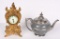 GRANITE WARE TEAPOT & VICTORIAN FILIGREE CLOCK