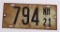 1921 New Hampshire Motorcycle Metal License Plate