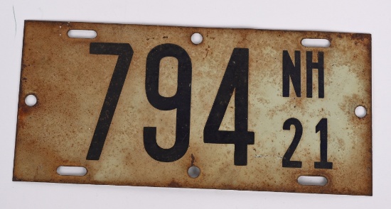 1921 New Hampshire Motorcycle Metal License Plate