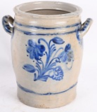 CROCK WITH 2 HANDLES & BLUE FLOWER DECORATION