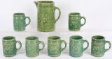 STONEWARE WINE PITCHER & 7 MUGS