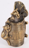 FIGURAL BRASS DOG IN BARREL w/ CAT MATCH HOLDER
