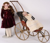 2-VICTORIAN BISQUE DOLLS & CARRIAGE