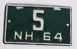 1964 Hew Hampshire Motorcycle Metal License Plate
