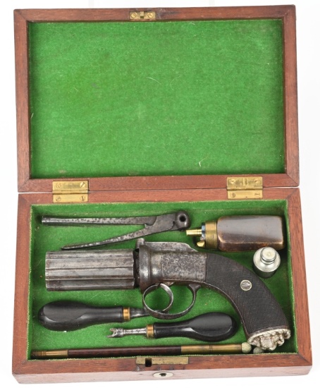 CASED ENGLISH 6 BARREL PEPPERBOX PISTOL