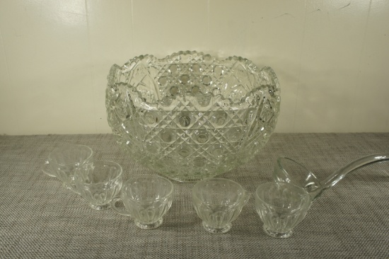 Cut Glass Punch Bowl, Ladle & cups -CO