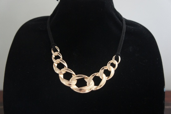 Gold Tone Statement Necklace w/ Leather Strap