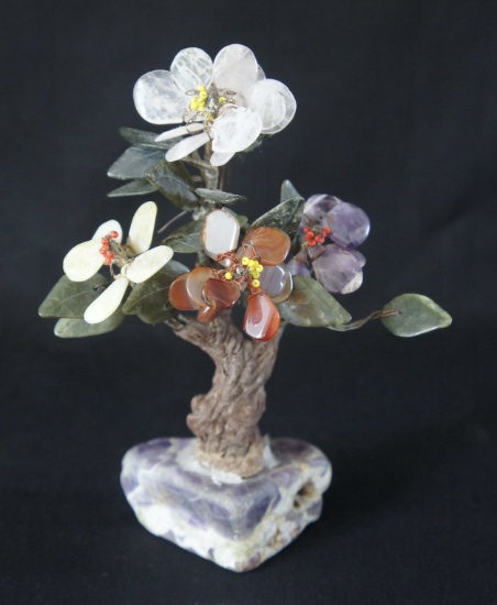 Vintage Asian Carved Jade Semi Precious Stone Bonsai  Lucky Money Flower Tree -DM