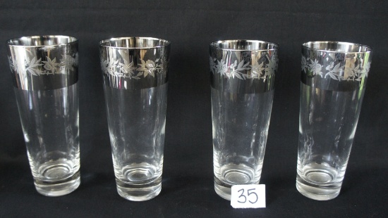 MCM Silver Edged Flower Etched Drinking Glass Set of 4 -DM
