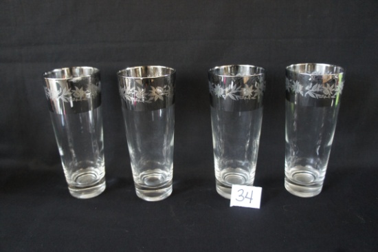 MCM Silver Edged Flower Etched Drinking Glass Set of 4 -DM