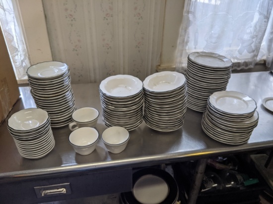 BOX OF SMALL DISHES/24SAUCERS/14BOWLS W/BLACK RIM