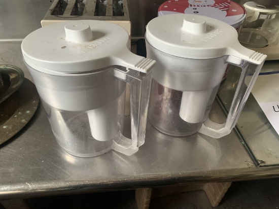 (2) WATER PITCHERS/FUNNEL/COOKIE TINS/BRASS BASKET
