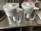 (2) WATER PITCHERS/FUNNEL/COOKIE TINS/BRASS BASKET