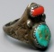 Pre-War STERLING Old-Pawn Ring -TURQUOISE & CORAL
